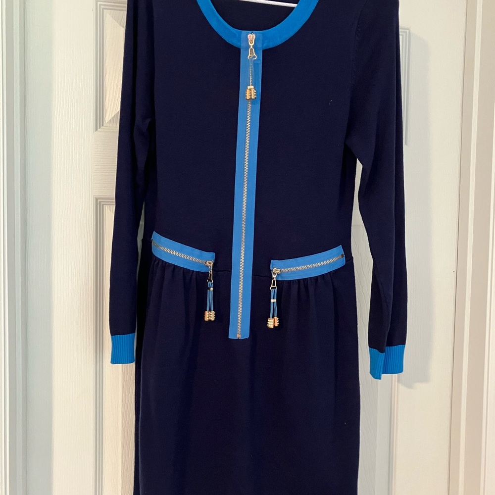 Navy and Bright Blue Zip-Front Midi Dress